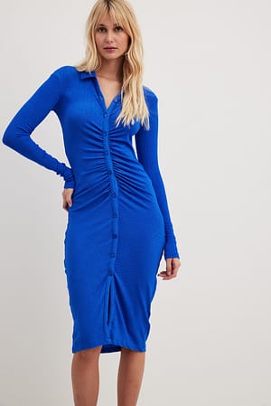 Blue Rouched Button Detail Midi Dress