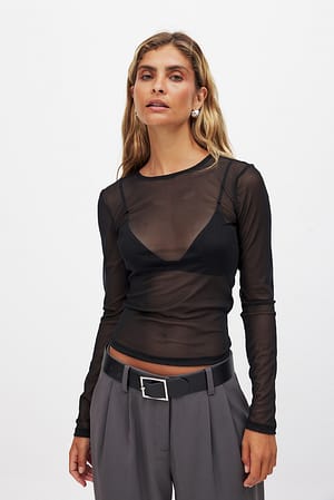 Black Round Neck Fitted Mesh Top