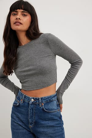 Dark Grey Melange Round Neck Ribbed Long Sleeve Crop Top