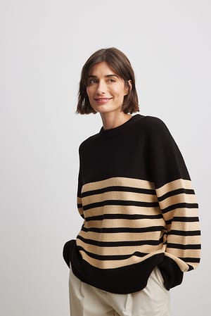 Black/Beige Round Neck Striped Knitted Sweater