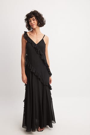 Black Ruffle Detail Chiffon Maxi Dress