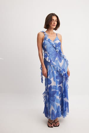 White Blue Floral Ruffle Detail Chiffon Maxi Dress