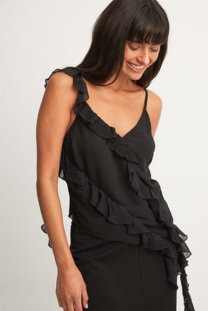 Black Ruffle Detail Chiffon Singlet