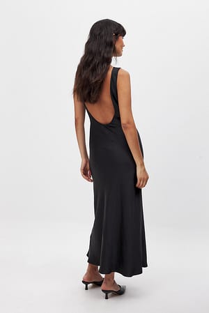 Black Satin Bias Cut Midi Dress