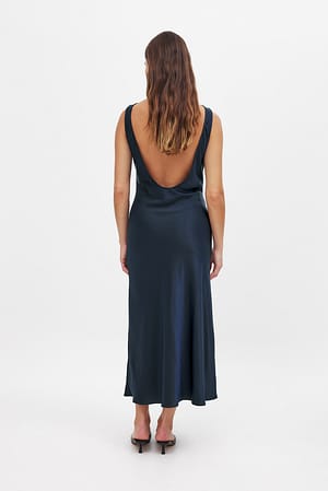 Navy Satin Bias Cut Midi Dress