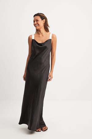 Black Satin Contrast Tie Maxi Dress