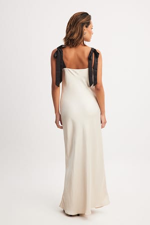 Beige Satin Contrast Tie Maxi Dress