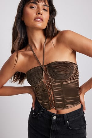 Brown Satin Lace Up Corset Top