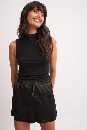 Black Satin Loose High Waist Shorts