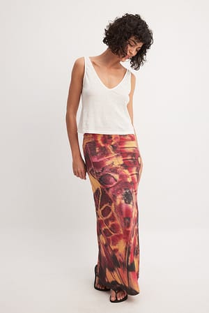 Print Satin Mid Waist Maxi Skirt