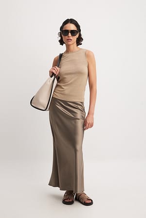 Taupe Satin Midi Skirt