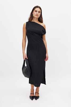 Black Satin One Shoulder Midi Dress