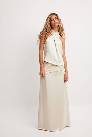 Beige Satin Waist Detail Midi Skirt