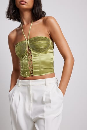 Green Satin Lace Up Corset Top