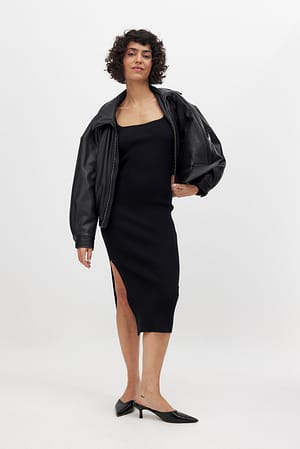 Black Scoop Neck Midi Slit Dress