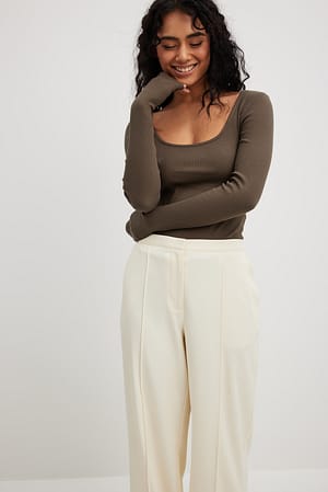 Brown Scoop Neck Ribbed Top