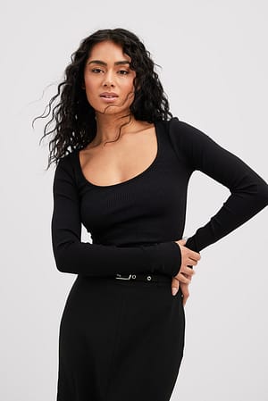 Black Scoop Neck Ribbed Top