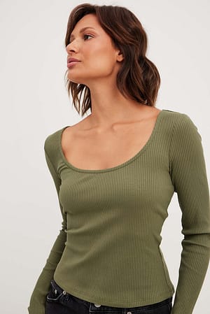 Khaki Scoop Neck Ribbed Top