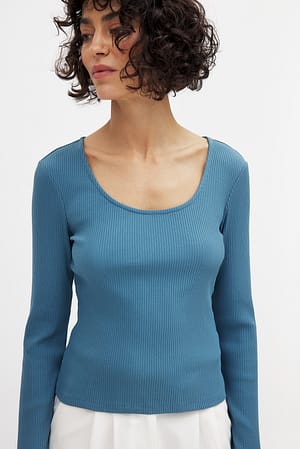 Blue Scoop Neck Ribbed Top