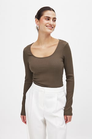 Brown Scoop Neck Ribbed Top