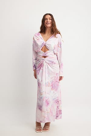 Pink Print Sculpture Collage Print Ruched Maxi Dress