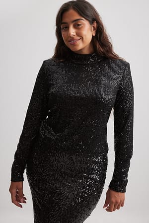 Black Sharp Shoulder Sequin Top