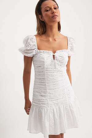 White Shirred Tied Detailed Mini Dress