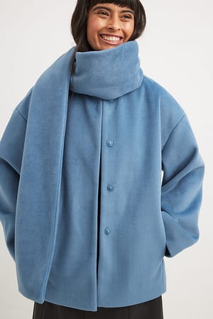 Light Blue Short Scarf Detailed Coat