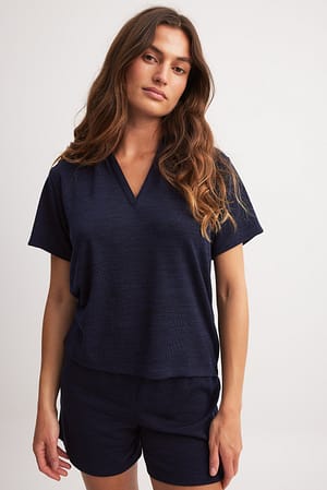 Navy Short Sleeve V-neck Collar Top