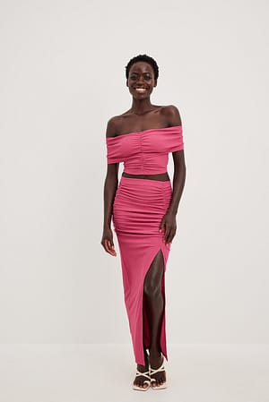 Pink Side Rouched Maxi Slit Skirt