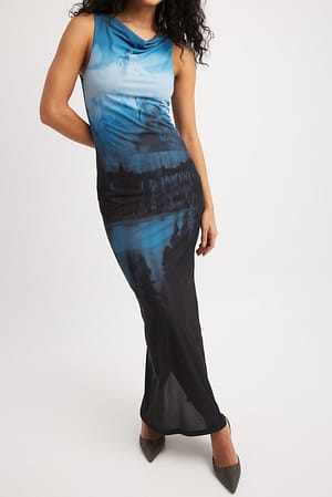 Abstract Print Sleeveless Mesh Maxi Dress