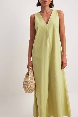 Lime Sleeveless V Neck Cotton Midi Dress