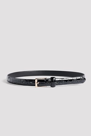 Black Slim Glossy Croc Belt