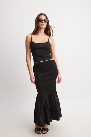 Black Smocked Midi Skirt