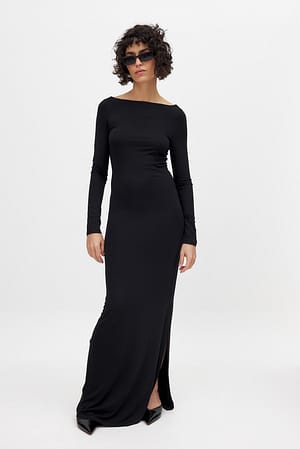 Black Soft Line Boat Neck Maxi Dress