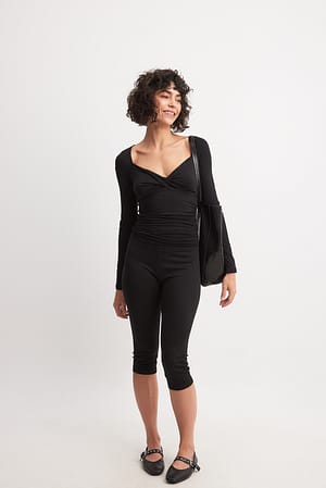 Black Soft Line Front Twist Long Sleeve Top