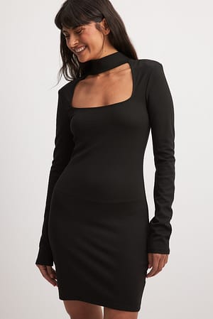 Black Square Neck Choker Detail Mini Dress