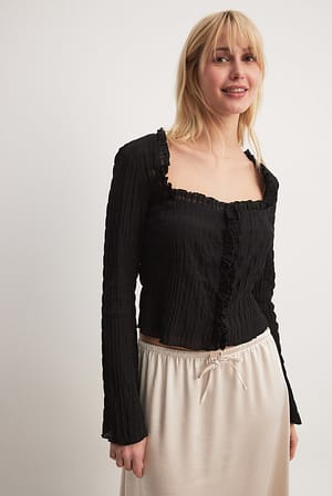 Black Square Neck Long Sleeve Ruffle Top