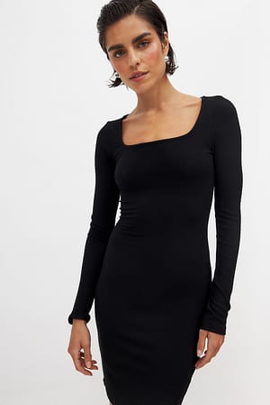 Black Square Neck Rib Mini Dress