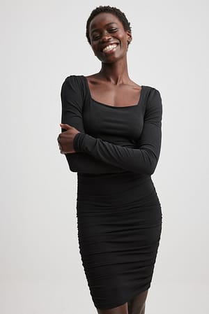 Black Square Neck Rouched Dress