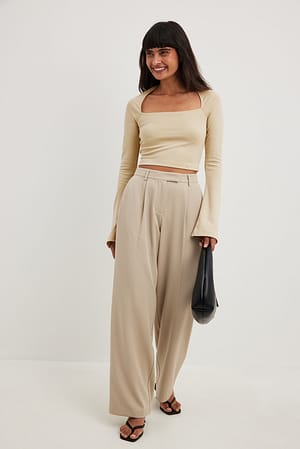 Beige Square Neck Trumpet Sleeve Top