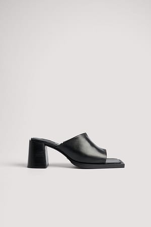 Black Squared Toe Leather Mules