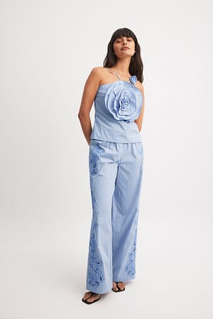 Blue Stripe Striped Drawstring Embroidery Pants