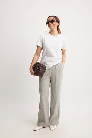 Khaki/White Stripe Striped Elastic Waist Linen Pants