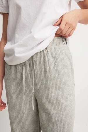 Khaki/White Stripe Striped Elastic Waist Linen Pants