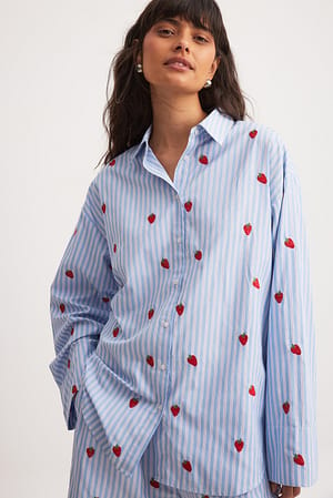 Blue Stripe Embroidery Detail Oversized Shirt