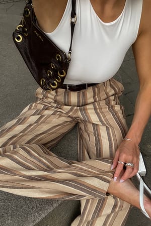 Brown Stripe Striped Mid Waist Suit Pants