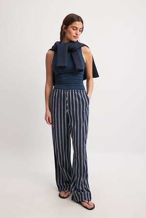 Blue Stripe Linen Blend Striped Pants