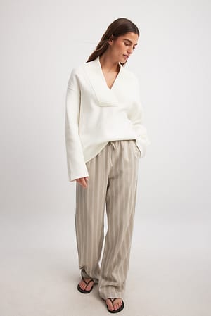 Beige Stripe Linen Blend Striped Pants