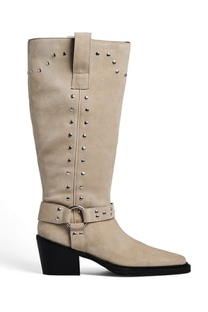 Beige Studded Western Boots